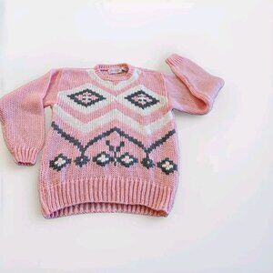 Gad-Abouts Sweater Women L Pink Gray White LS Crewneck Tribal Handknit Y2K VTG